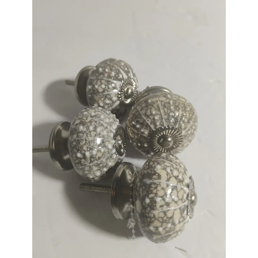 Lot of 4 Sea Urchin Ceramic Drawer Knob Pulls Gray White Beige Silver 1.5